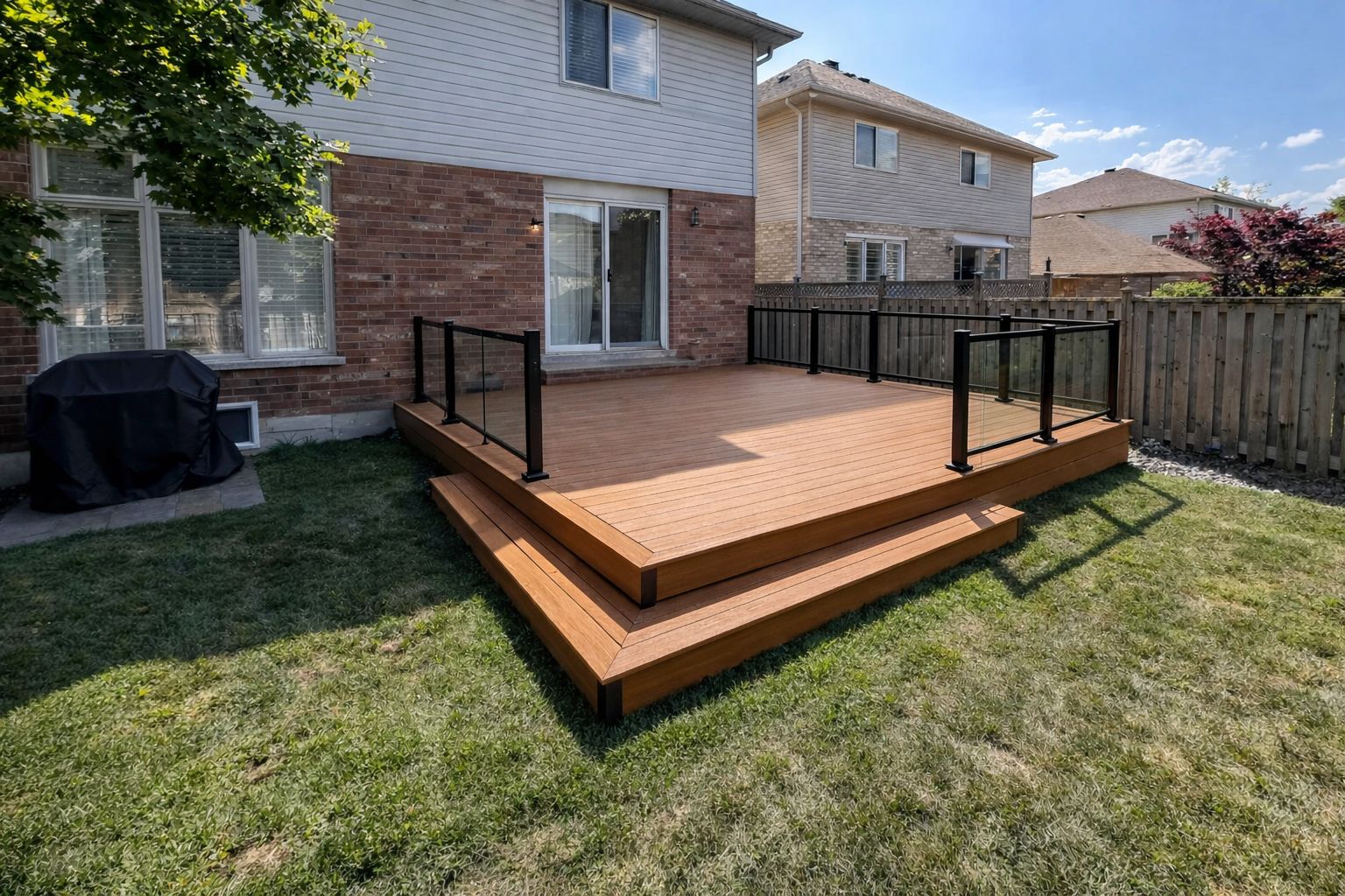 Rich cedar hardwood deck with natural grain
