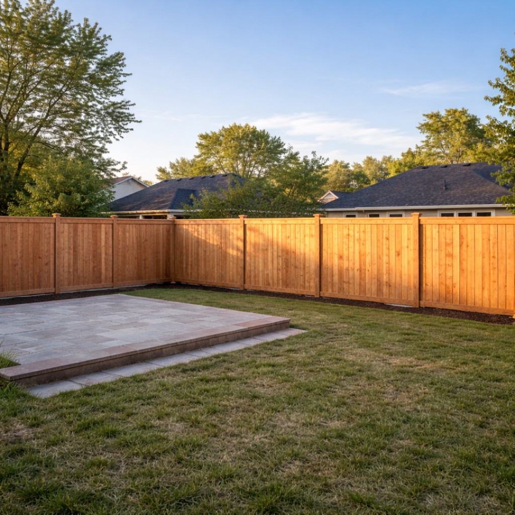 Cedar privacy fence with solid panels and decorative post caps