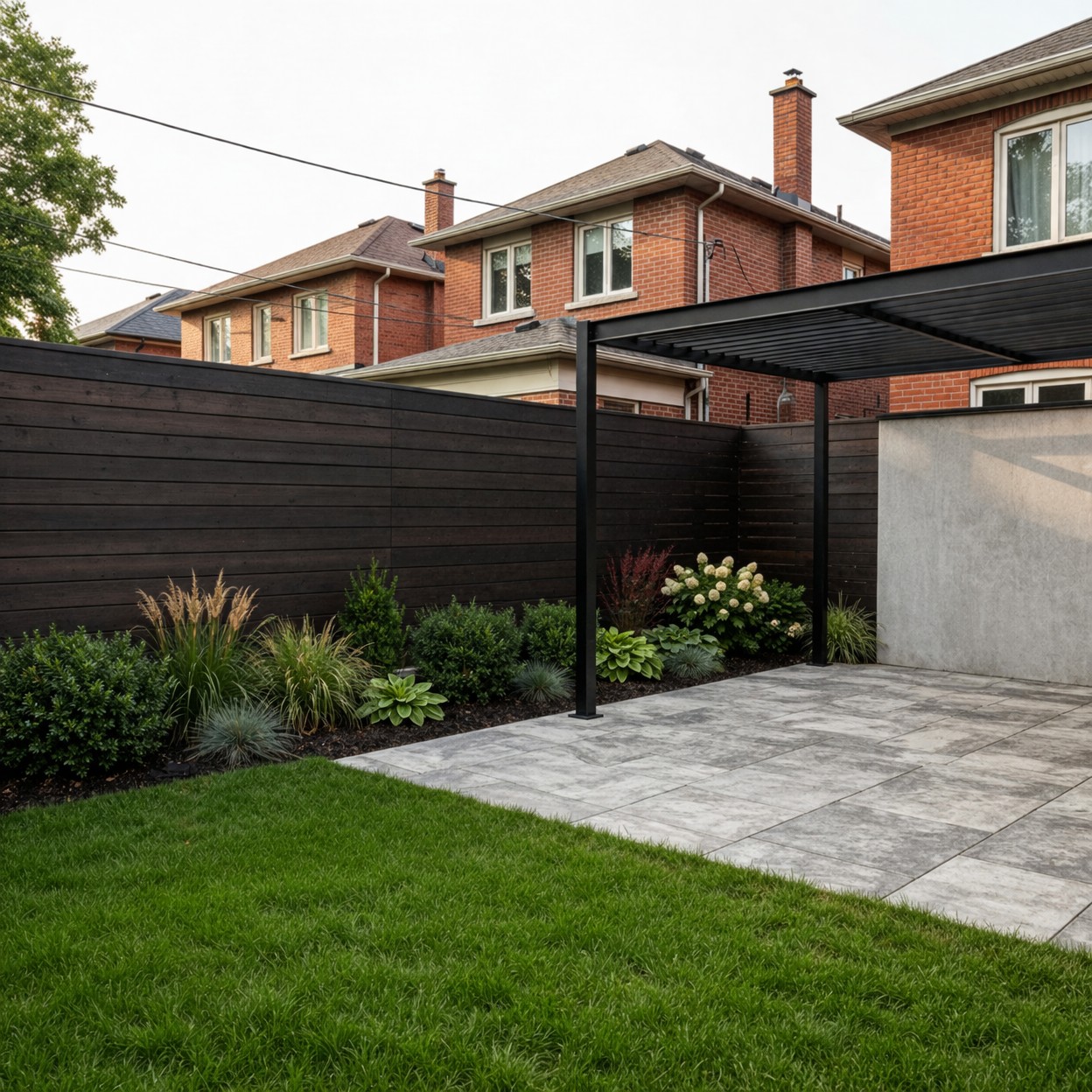 Modern horizontal board fence in dark stain