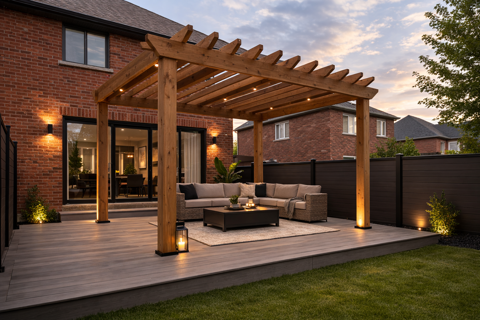 Custom cedar pergola with composite deck and outdoor seating at dusk