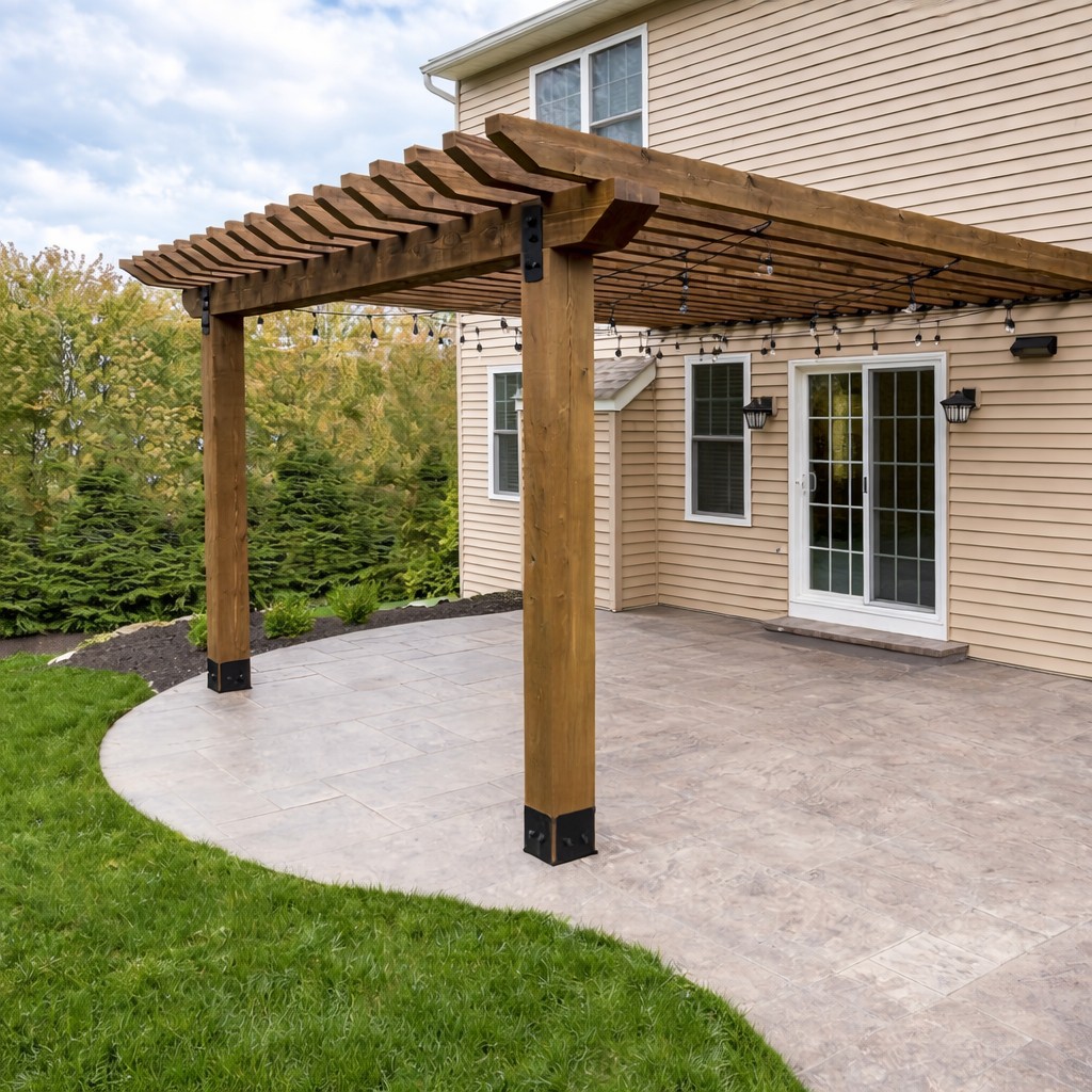 Beautiful cedar pergola with outdoor seating and string lights over a patio