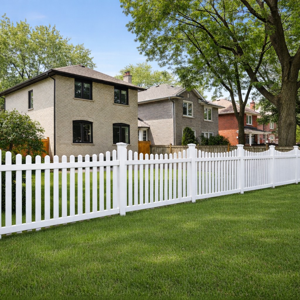 Traditional white picket fence with garden