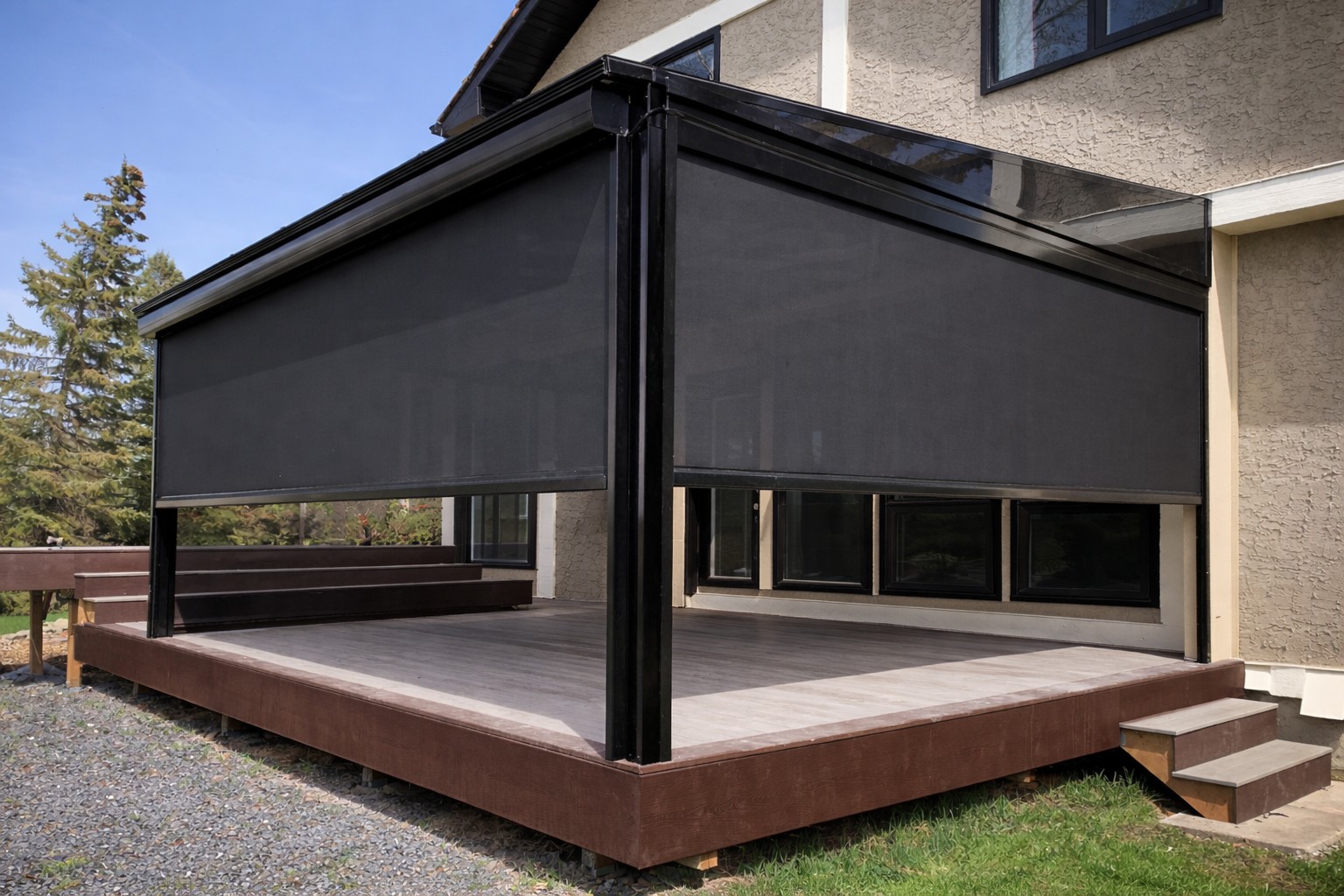 Pergola with privacy screens and curtain panels