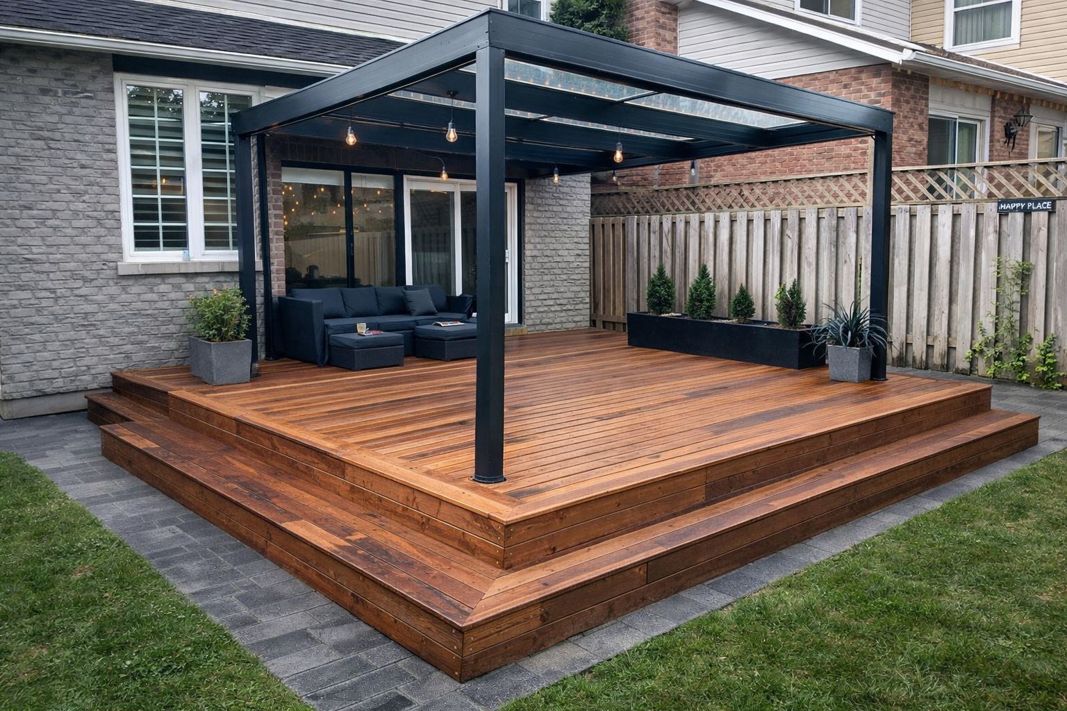 Pressure treated wood deck with modern railing