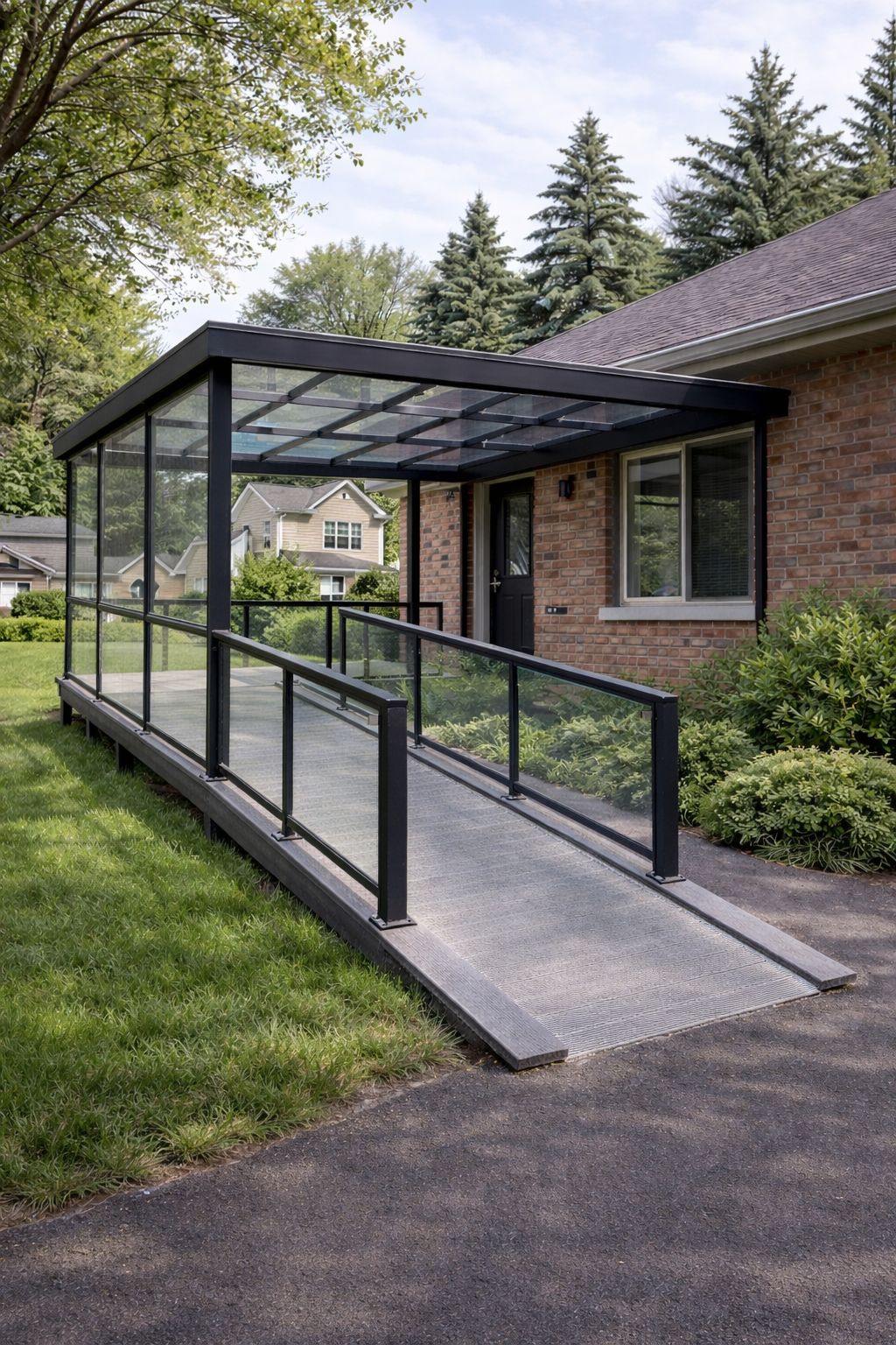 Covered ramp with roof structure for all-weather access