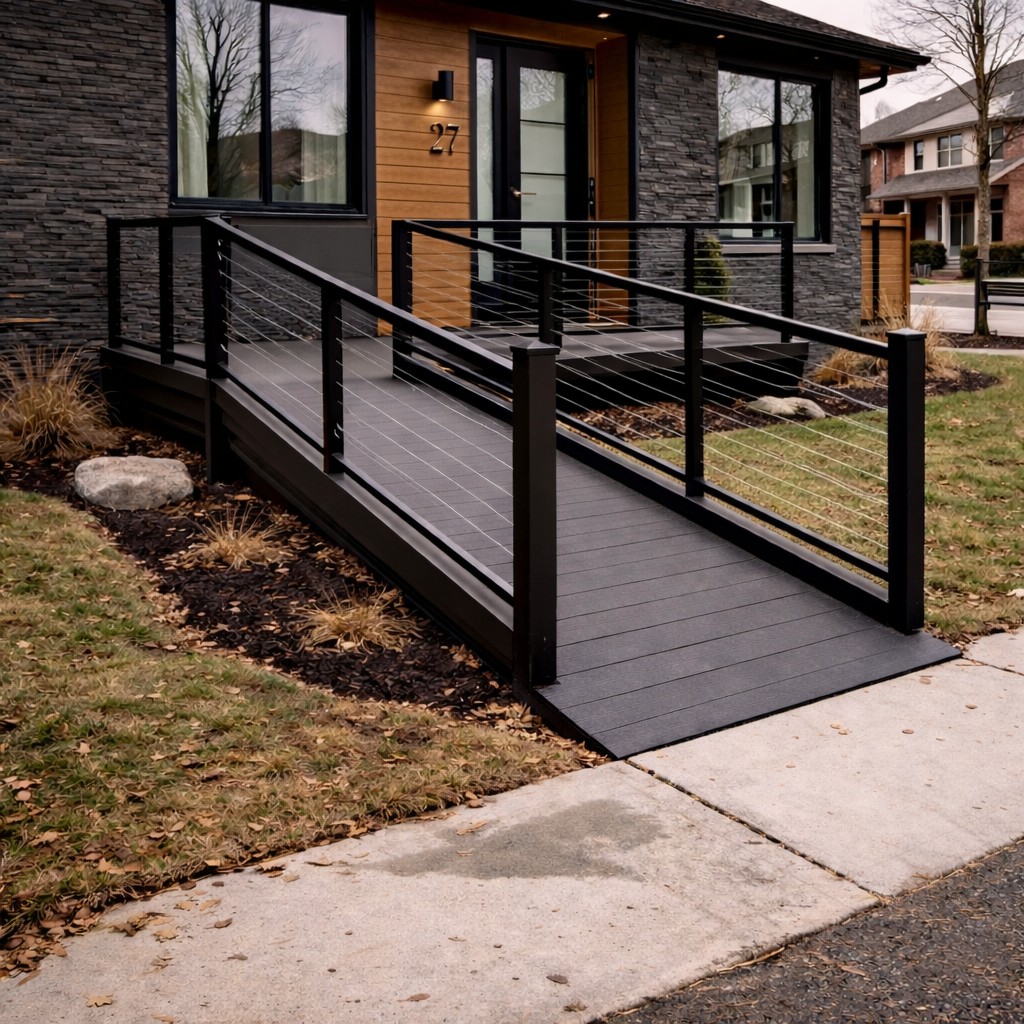 Custom wheelchair access ramp with handrails attached to home