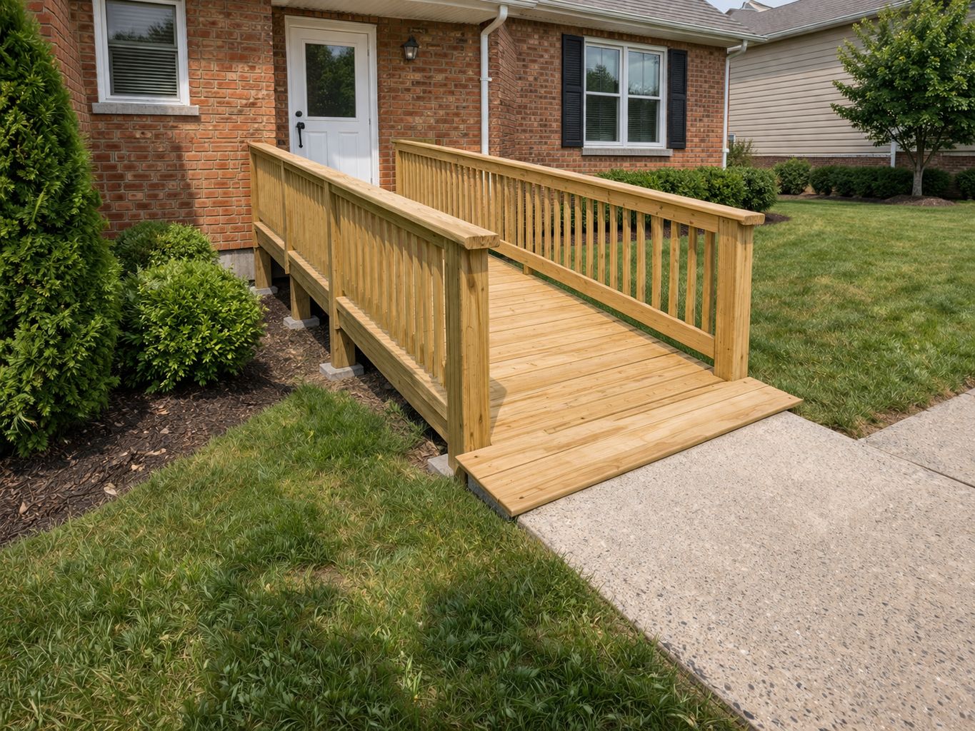Pressure treated wood wheelchair ramp with handrails