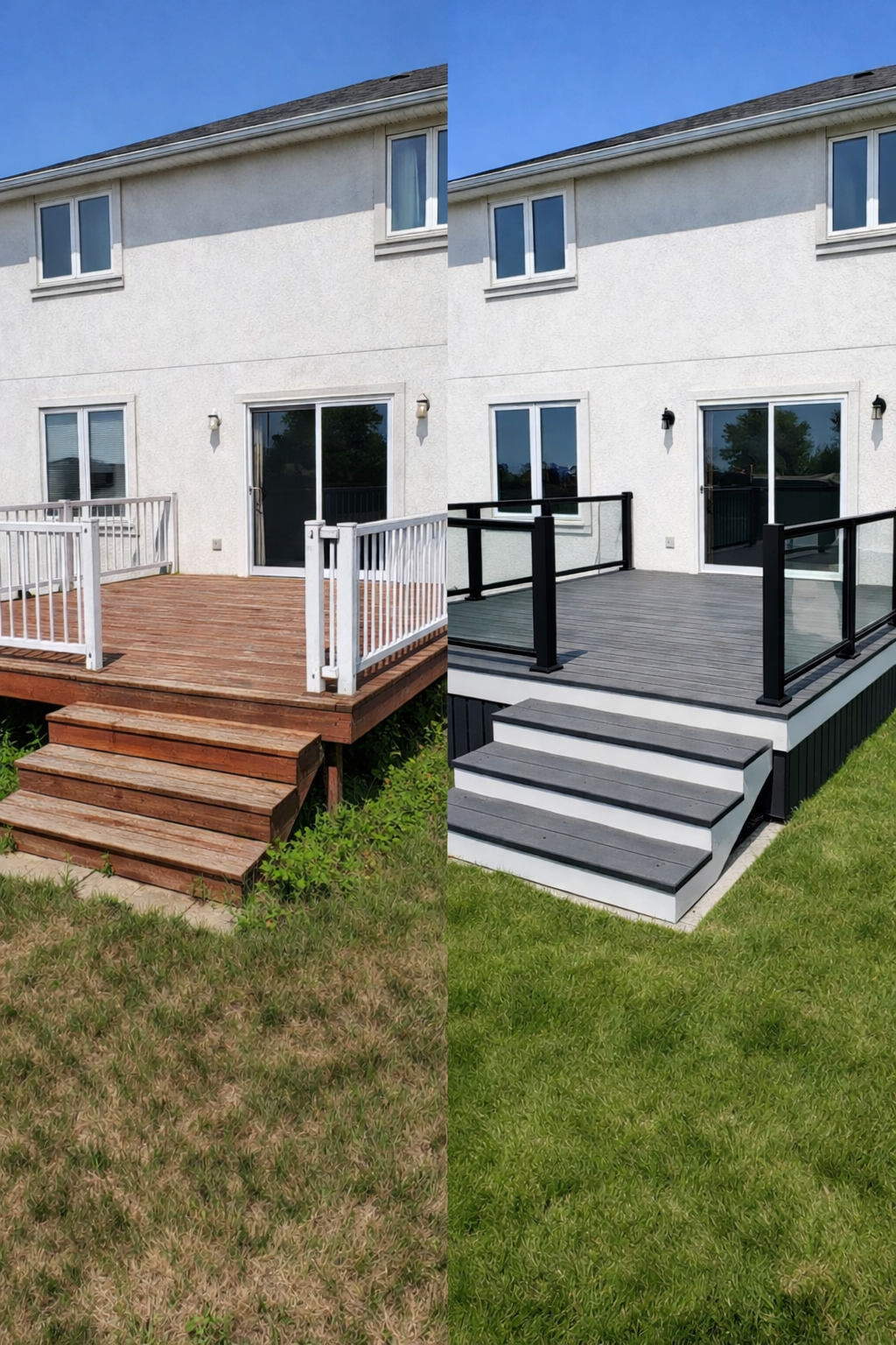 Deck transformation before and after — old wood railing replaced with modern composite and glass