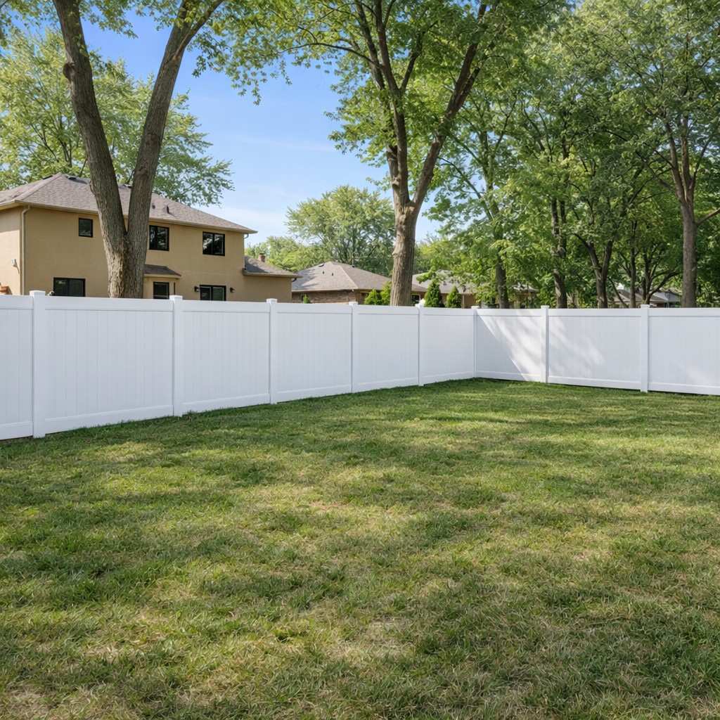 White vinyl fence with pickets in front yard